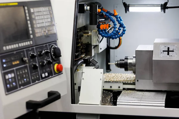 Cnc Metal Lathe Machine Working Brass Bar Selective Focus — Stock Photo, Image