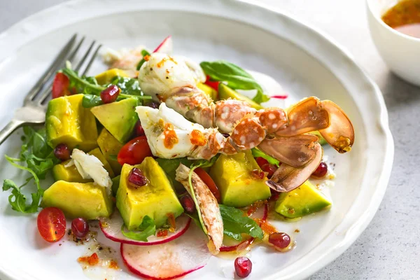 Crab Avocado Rocket Pomegranate Salad Lime Chili Vinaigrette — Stock Photo, Image