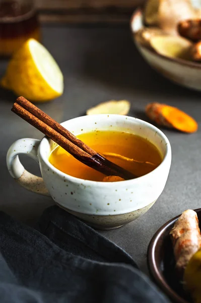 Fresh Turmeric Ginger Cinnamon Lemon Tea — Stock Photo, Image