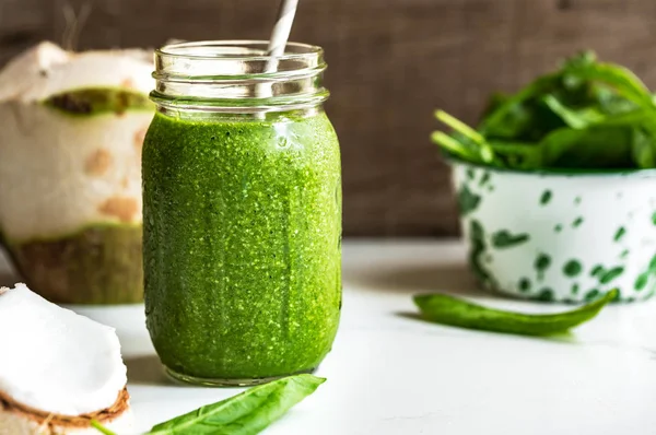 Spinach Coconut Water Meat Mango Chia Seeds Mason Jar — Stock Photo, Image