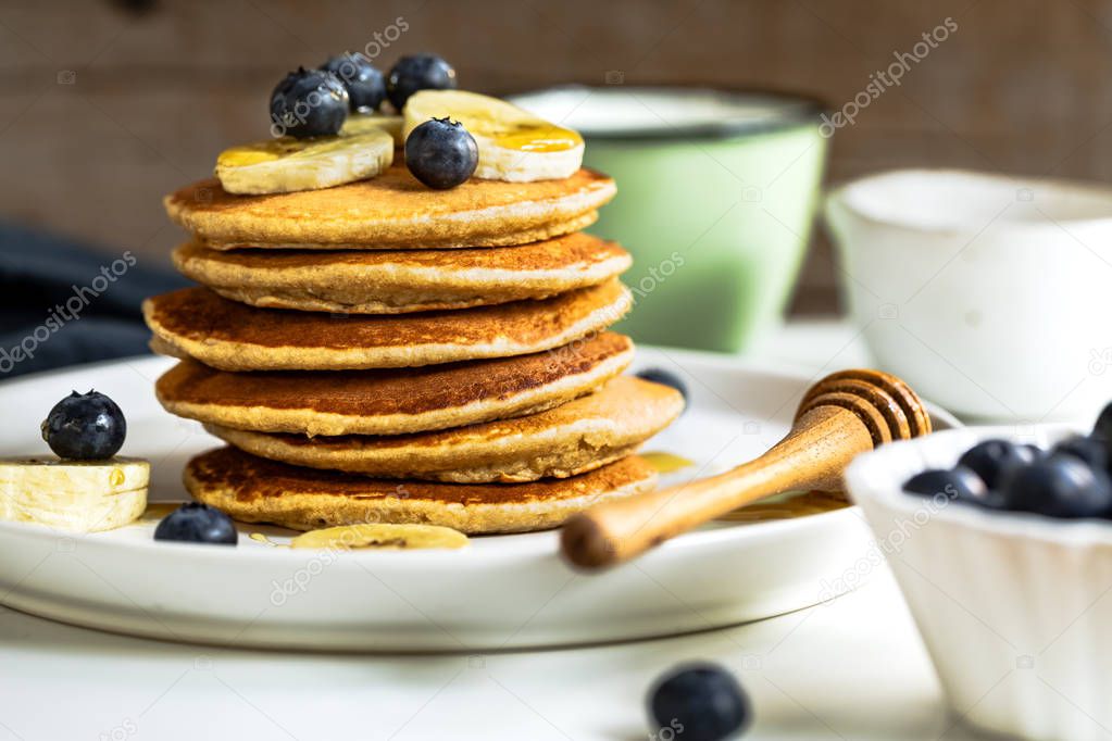 Banana and Oat Pancakes with fresh Blueberry and Banana 
