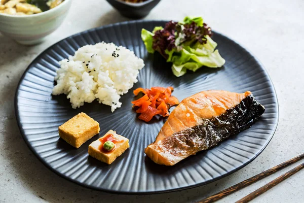 Grilled Salmon Teriyaki Rice Miso Soup Kimchi — Stock Photo, Image