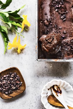 Muzlu çikolatalı dondurma. Kakao parçalı güzel krema.