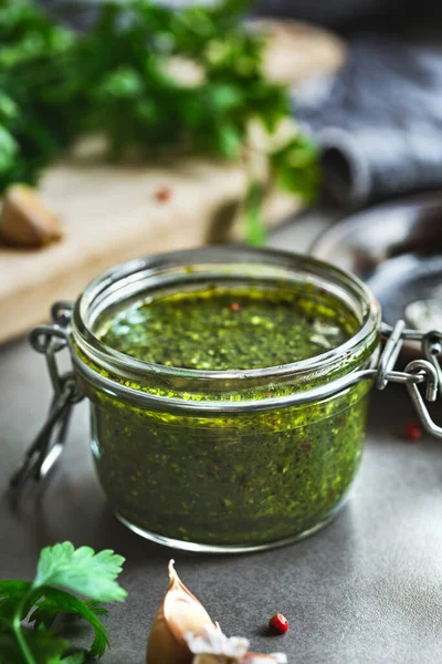 Sos Verde Italian Sau Salsa Verde Prin Ingrediente Proaspete — Fotografie, imagine de stoc