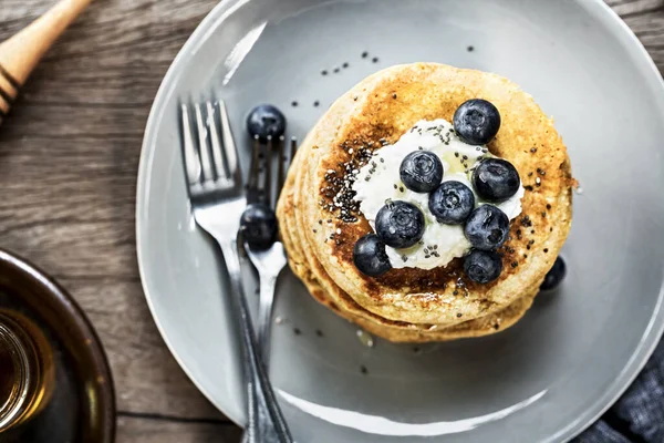 Healthy Banana Oat Pancakes Blueberries Coconut Cream Chia Topping — Stock Photo, Image