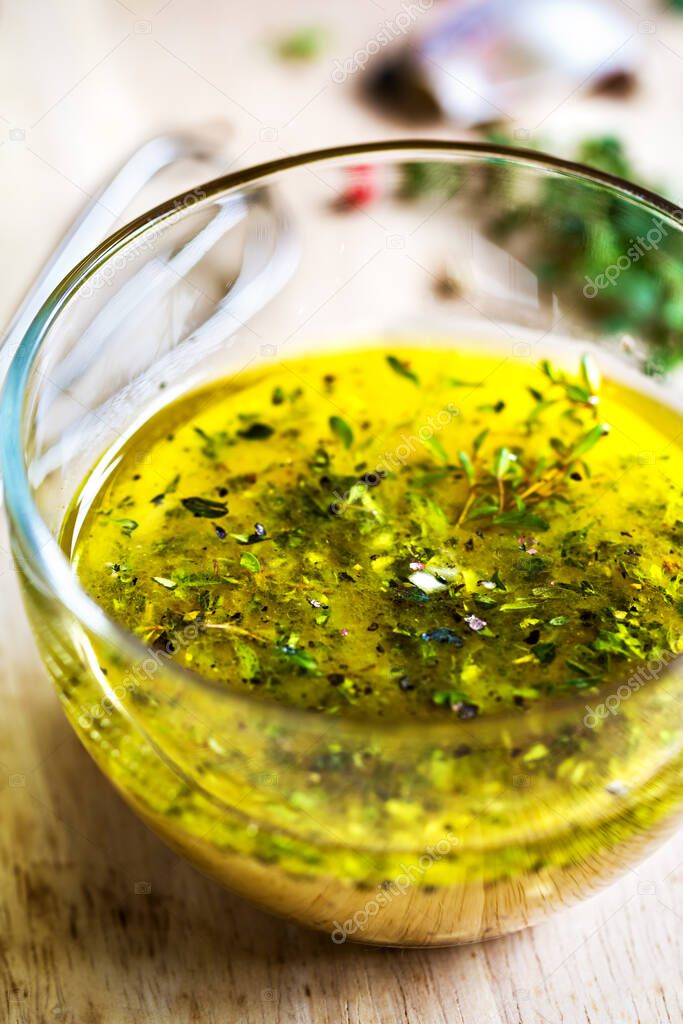 Homemade Thyme salad dressing in a bowl