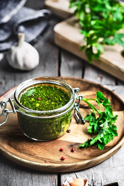 Salsa Verde Aderezo Perejil Italiano Con Ingredientes Frescos —  Fotos de Stock