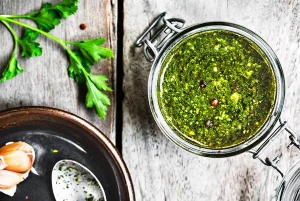 Salsa Verde Prezzemolo Italiano Condimento Con Ingredienti Freschi — Foto Stock