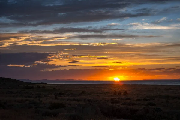 Cenário Vibrante Dramático Pôr Sol Parque Estadual Ilha Antelope Utah — Fotografia de Stock