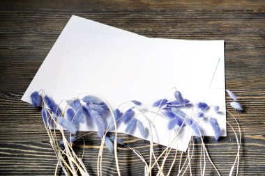 Çerçevenin altında ahşap bir arka planda kağıt ve mavi kurumuş çiçekler var.