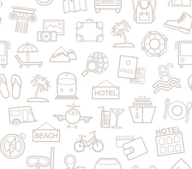 Seyahat, tatil, turizm, rekreasyon, Dikişsiz desen, anahat, beyaz, vektör. Tatil ve seyahat yolları farklı. Beyaz alan gri çizgi çizimleri. Vektör, tek renkli arka plan. 