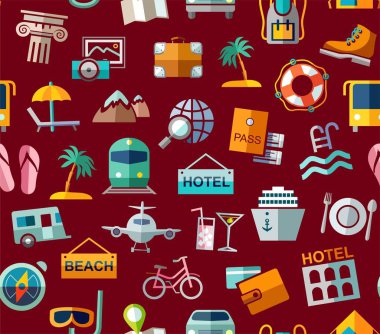 Seyahat, tatil, turizm, eğlence, seamless modeli, renkli, koyu kırmızı. Tatil ve seyahat yolları farklı. Vektör, renk arka plan. Koyu kırmızı alan düz renkli çizimler. 