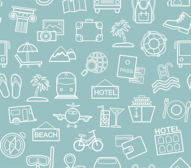 Seyahat, tatil, Hiking, eğlence, seamless modeli, kontur, mavi. Tatil ve seyahat yolları farklı. Vektör, renk arka plan. Mavi alan üzerinde beyaz çizimler. 