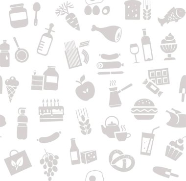 Gıda, seamless modeli, beyaz, tek renkli, bakkal, vektör. Yiyecek ve içecekler, üretim ve satış. Vektör arka plan. Beyaz alan üzerinde gri çizimler. 