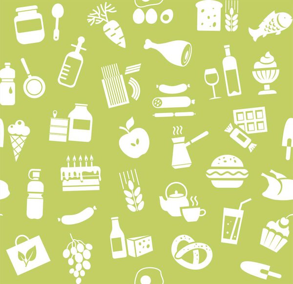 Food, seamless pattern, green, monochrome, grocery, vector. Food and drinks, production and sale. Vector background. White icons on the green field. 