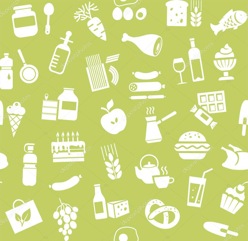 Food, seamless pattern, green, monochrome, grocery, vector. Food and drinks, production and sale. Vector background. White icons on the green field. 