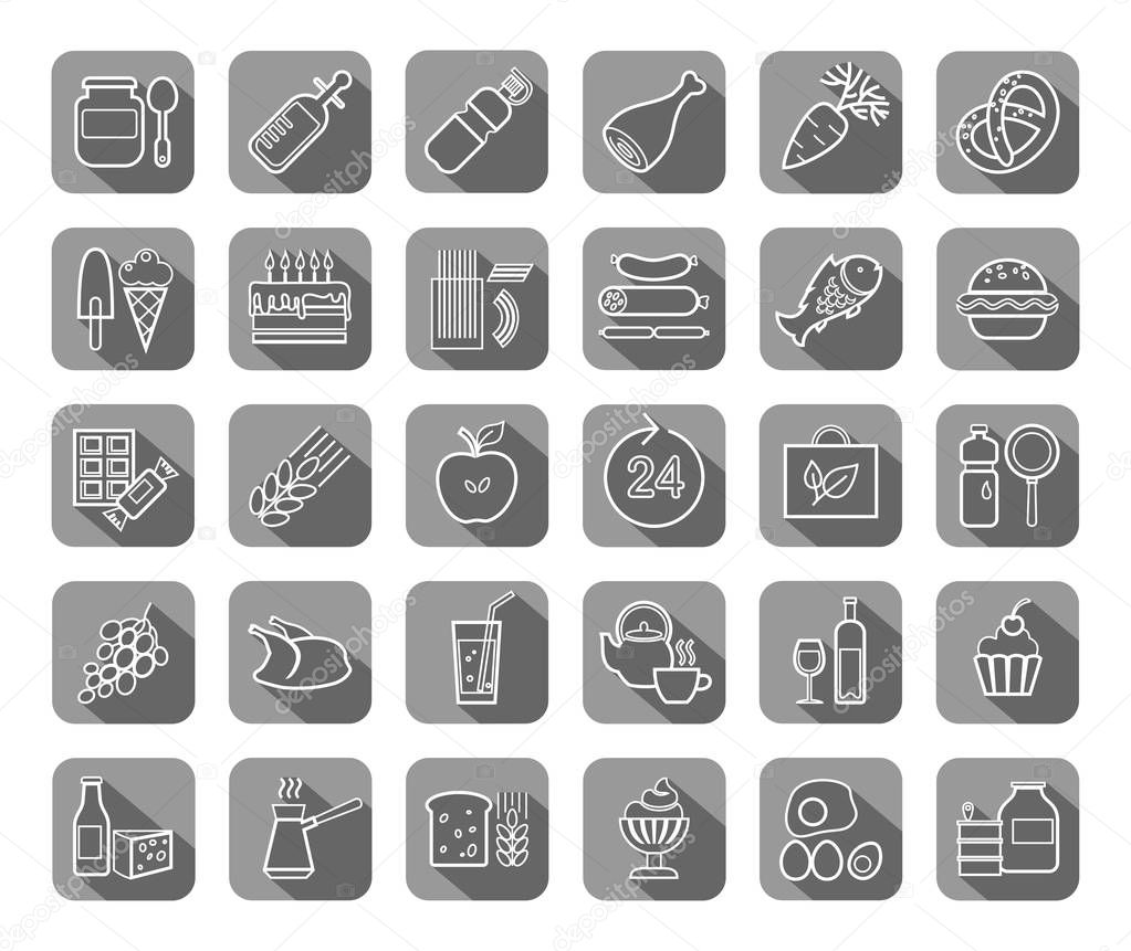 Food, gray, contour icons, vector. Food and drinks, production and sale. White line drawings on a gray field with a shadow. Vector clip art. 