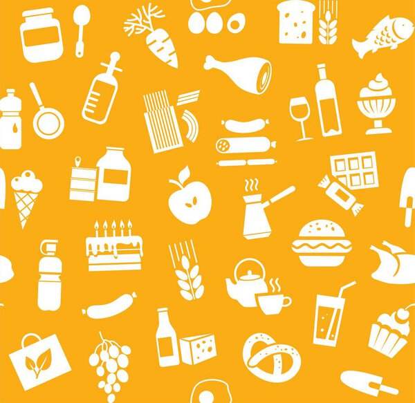 Food, seamless pattern, orange, monochrome, grocery, vector. Food and drinks, production and sale. Vector background. White icons on the orange field. 