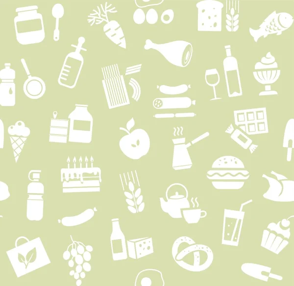 无缝模式 杂货店 食品和饮料 生产和销售 矢量背景 灰色绿场上的白色图标 — 图库矢量图片