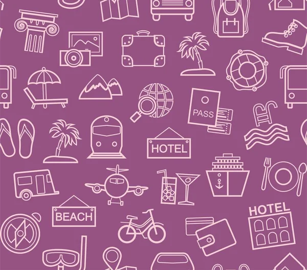 シームレスなパターン アウトライン ベクトル 休日や旅行の方法の種類 ベクトルの背景色 紫色のフィールドにピンクのラインの図面 — ストックベクタ