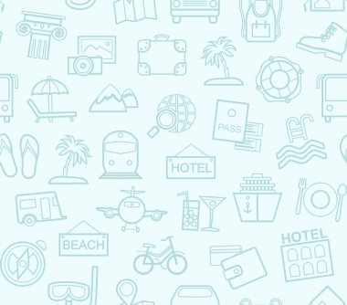 Seyahat, tatil, turizm, eğlence, seamless modeli, kontur, açık mavi, renk. Tatil ve seyahat yolları farklı. Vektör, renk arka plan. Hafif mavi zemin üzerine mavi çizgi çizimleri. 