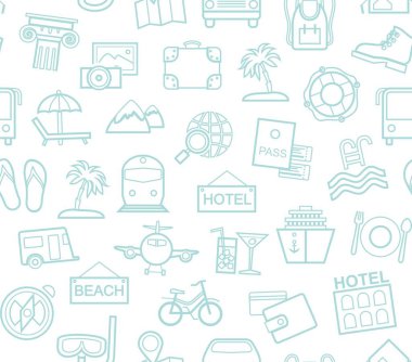 Seyahat, tatil, turizm, rekreasyon, Dikişsiz desen, anahat, beyaz, mavi, vektör. Tatil ve seyahat yolları farklı. Vektör, renk arka plan. Beyaz zemin üzerine mavi çizgi çizimleri. 