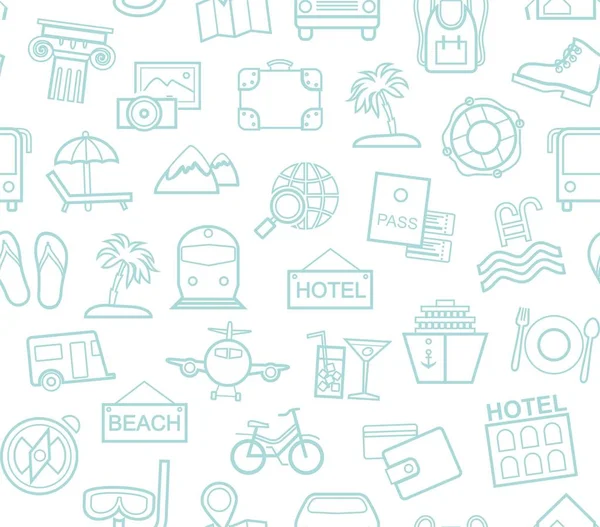Travel, vacation, tourism, recreation, seamless pattern, outline, white, blue, vector. Different types of holidays and ways of travelling. Vector, color background. Blue line drawings on white background.