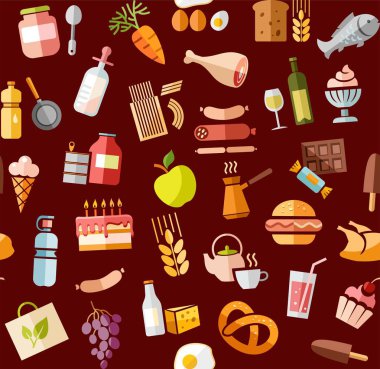 Gıda, seamless modeli, rengi, kırmızı, bakkal, vektör. Yiyecek ve içecekler, üretim ve satış. Vektör, sorunsuz arka plan. Koyu kırmızı alan renkli düz simgeler. 