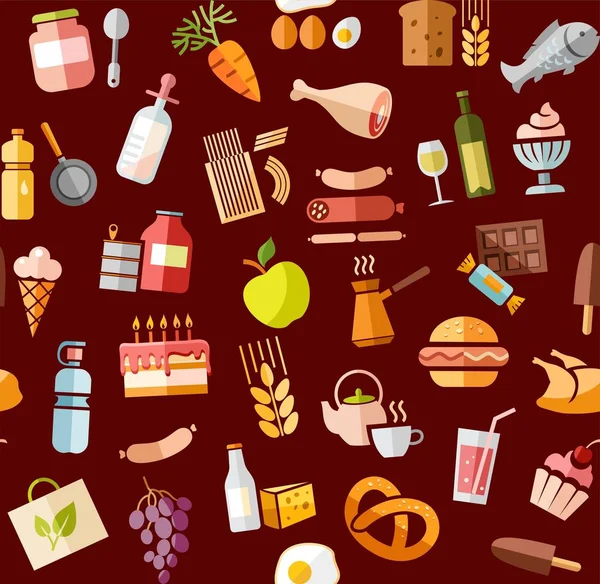 Food, seamless pattern, color, red, grocery, vector. Food and drinks, production and sale. Vector, seamless background. Colored flat icons on a dark red field. 