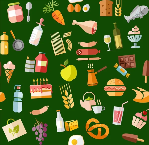 Food, seamless pattern, color, green, grocery, vector. Food and drinks, production and sale. Vector, seamless background. Colored flat icons on the green field. 