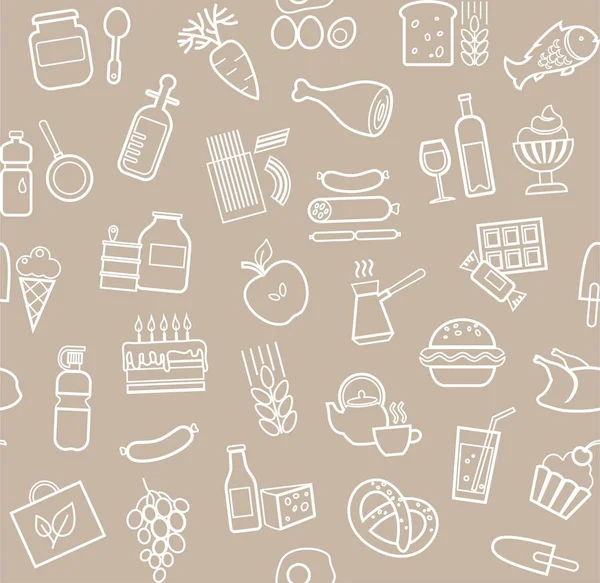 Gıda, seamless modeli, gri, kontur, bakkal, vektör. Yiyecek ve içecekler, üretim ve satış. Vektör arka plan. Gri-kahverengi alan beyaz çizgi simgeleri. 
