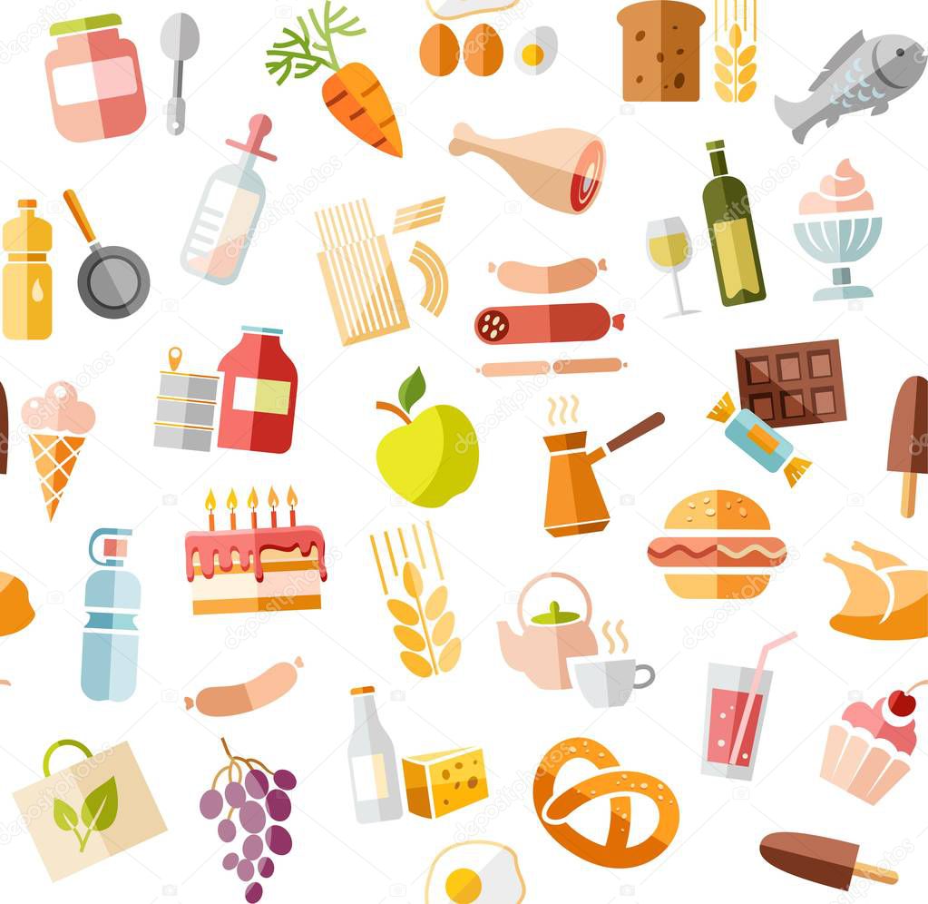 Food, seamless pattern, color, white, grocery, vector. Food and drinks, production and sale. Vector, seamless background. Colored flat icons on white field. 