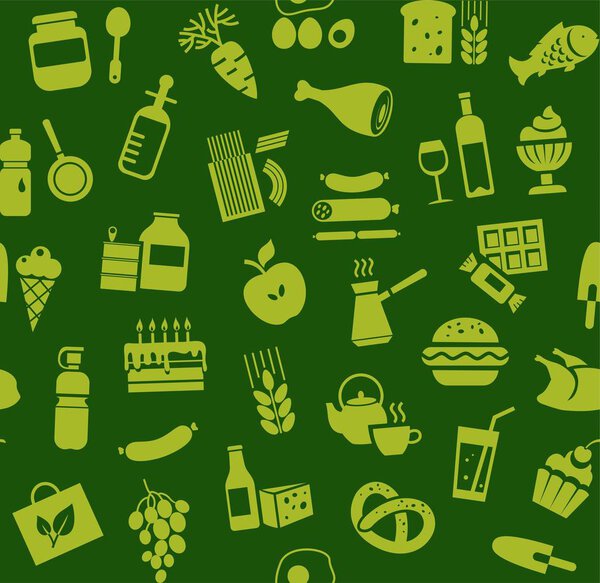 Food, seamless pattern, green, color, grocery, vector. Food and drinks, production and sale. Vector background. Green icons on the green field. 