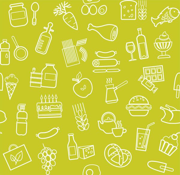 Food, seamless pattern, green, contour, grocery, vector. Food and drinks, production and sale. Vector background. White line icons on the yellow-green field. 