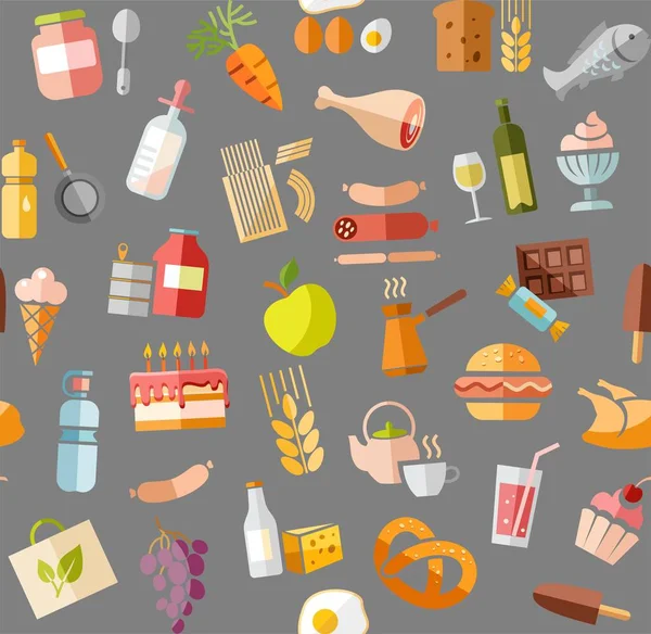 Food, seamless pattern, color, gray, grocery, vector. Food and drinks, production and sale. Vector, seamless background. Colored flat icons on the grey box. 