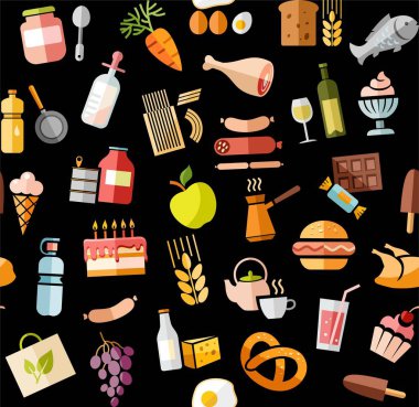 Gıda, Dikişsiz desen, renk, siyah, bakkal, vektör. Yiyecek ve içecekler, üretim ve satış. Vektör, sorunsuz arka plan. Kara kutunun renkli düz simgeler. 