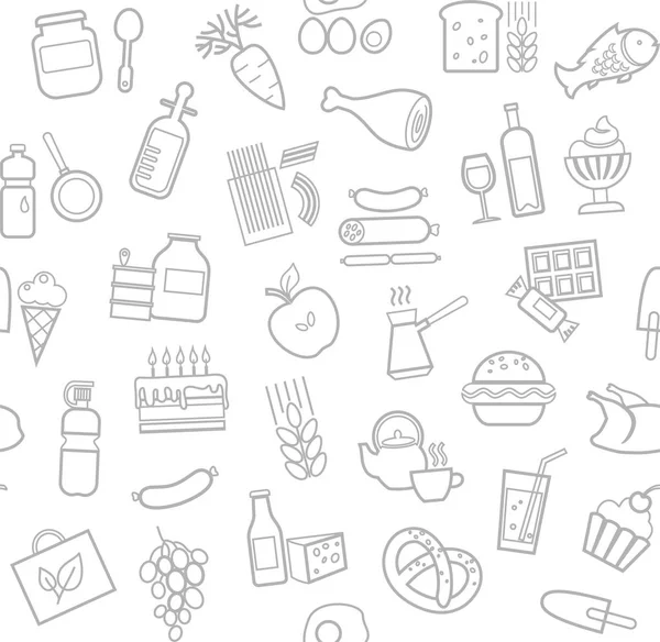 Gıda, seamless modeli, beyaz, kontur, bakkal, vektör. Yiyecek ve içecekler, üretim ve satış. Vektör arka plan. Beyaz alan gri çizgi simgeleri. 