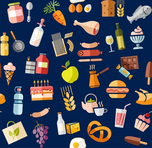 Gıda, Dikişsiz desen, renk, mavi, bakkal, vektör. Yiyecek ve içecekler, üretim ve satış. Vektör, sorunsuz arka plan. Kutu mavi renkli düz simgeleri. 