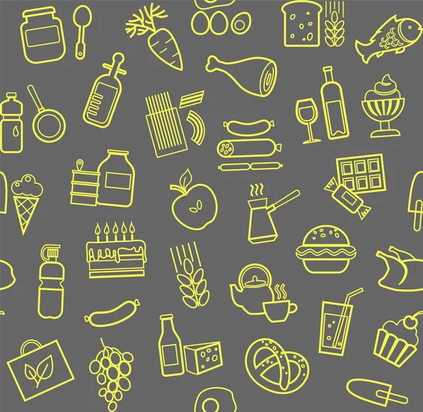 Gıda, seamless modeli, kontur, gri-sarı, bakkal, vektör. Yiyecek ve içecekler, üretim ve satış. Vektör arka plan. Gri kutu sarı çizginin simgeleri. 