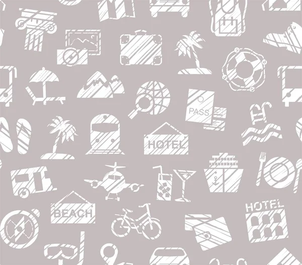 Travel, holidays, tourism, recreation, seamless pattern, shading pencil, grey violet, vector. Different types of holidays and ways of travelling. White drawings on a gray background. Imitation of pencil hatching. Vector, color pattern.