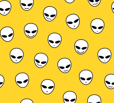 Yabancılar, seamless modeli, sarı, farklı duygular, vektör. Sarı bir arka plan üzerinde beyaz yabancı yüzler.  