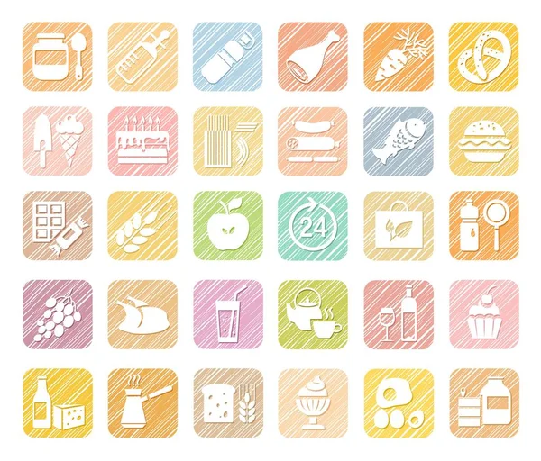 Comida Iconos Colores Tienda Comestibles Sombreado Lápiz Vector Alimentos Bebidas — Vector de stock