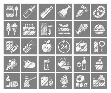 Gıda, kare simgeler, bakkal, kalem gölgelendirme, vektör. Yiyecek ve içecekler, üretim ve satış. Tek renkli kare simgeler beyaz şablondadır. Gölgelendirme simülasyonu. Vektör küçük resim. 