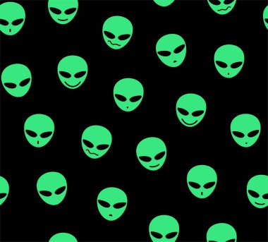 Yabancılar, seamless modeli, siyah, yeşil, farklı duygular, vektör. Yeşil uzaylı siyah bir sahada karşı karşıya. Vektör görüntü. Dekoratif seamless modeli. 