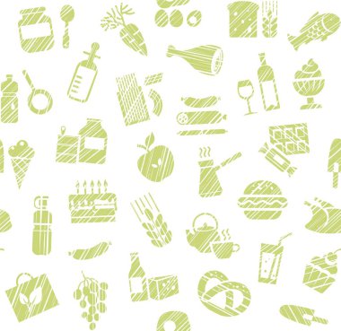 Gıda, seamless modeli, bakkal, kalem gölgelendirme, beyaz, vektör. Yiyecek ve içecekler, üretim ve satış. Yeşil simge bir beyaz alan üzerinde. Tarama renkli kalem ile taklit. Vektör arka plan. 