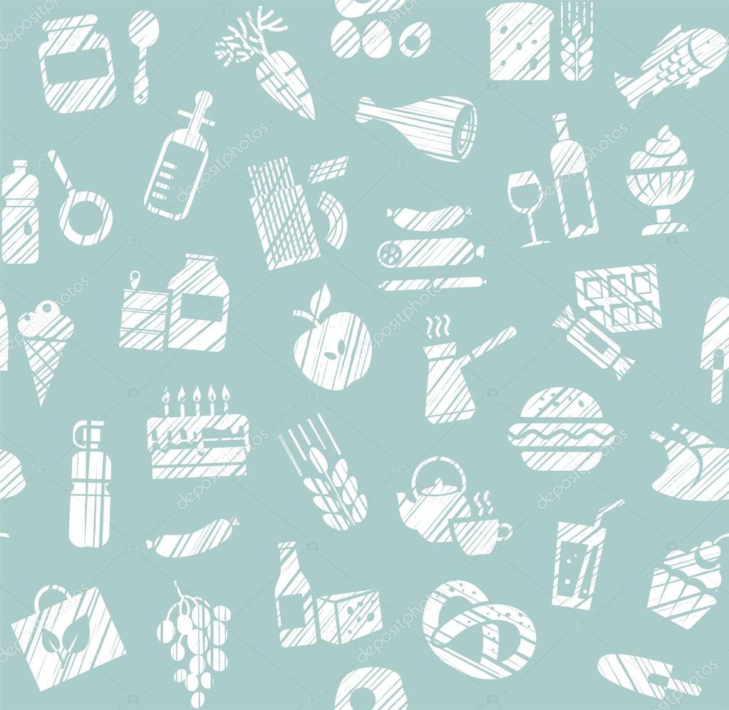 Food, seamless pattern, grocery store, pencil shading, single color, blue, vector. Food and drinks, production and sale. White icons on a light blue field. Imitation of pencil hatching. Vector background. 