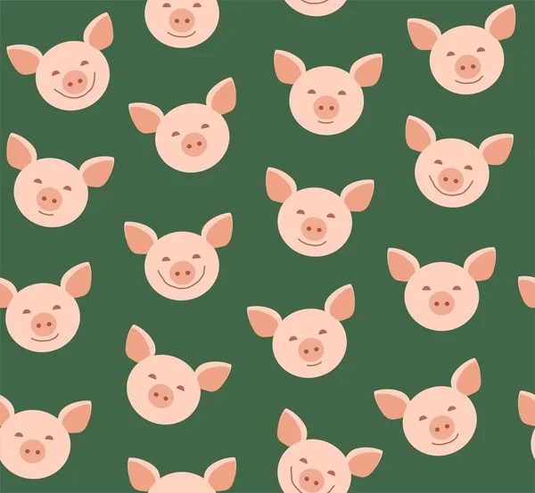 Porcelets Drôles Motif Sans Couture Vert Vecteur Visage Cochons Roses — Image vectorielle