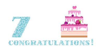 Yıldönümü selamlar, kek, İngilizce, beyaz, mavi, vektör 7 yıl, dut. Mutlu yıldönümleri. Büyük berry pasta ve beyaz arka plan üzerinde 7 numaralı. Yazıt İngilizce 