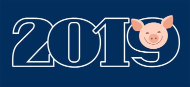 Kartpostal 2019, domuz, mavi, kontur, vektör. Önümüzdeki yıllar için tebrik ederim. Domuz yılı. Renk düz kartı. Anahat rakamlar 2019. Domuz gülümsüyor.  