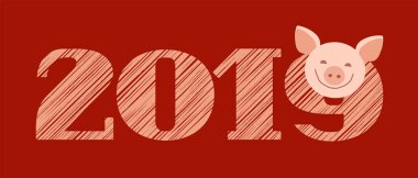 Kartpostal 2019, domuz, Burgundy, damızlık, vektör. Önümüzdeki yıllar için tebrik ederim. Domuz yılı. Renk düz kartı. Domuz gülümsüyor. Rakamlar 2019. Simüle kalem gölgelendirme. 